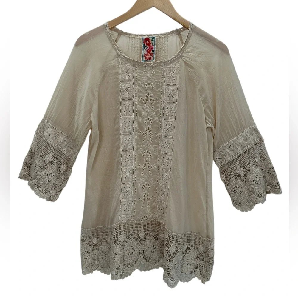 Johnny Was Beige Lace Embroidered Tunic Blouse Boho Romantic Festival Chic S